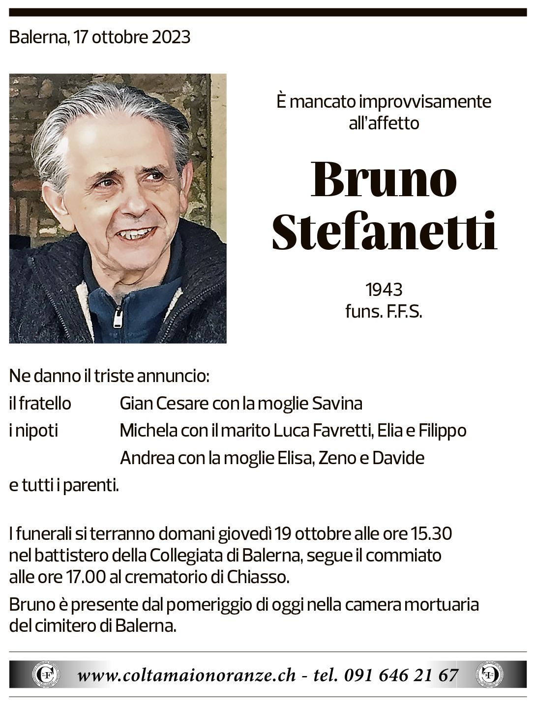 Annuncio funebre Bruno Stefanetti