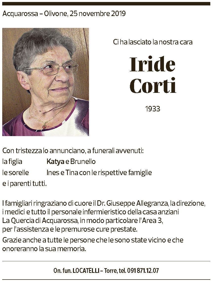Annuncio funebre Iride Corti