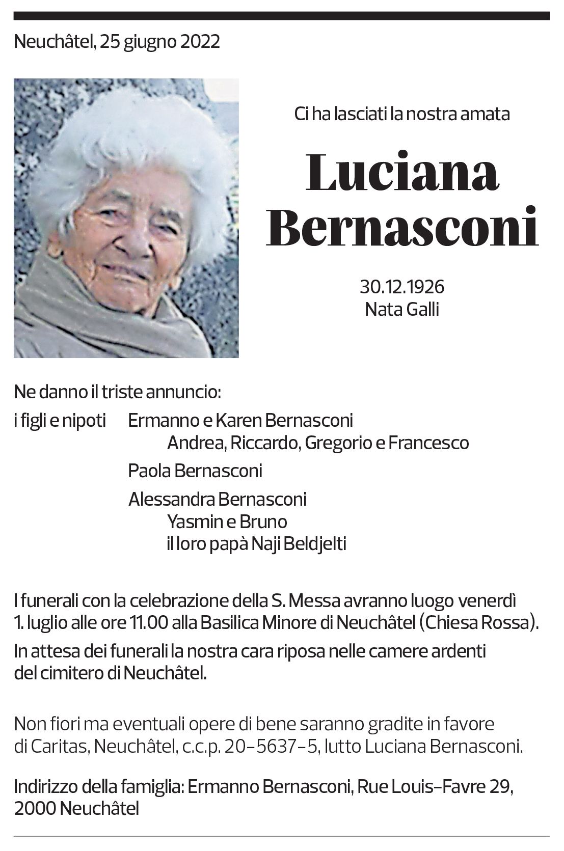 Annuncio funebre Luciana Bernasconi