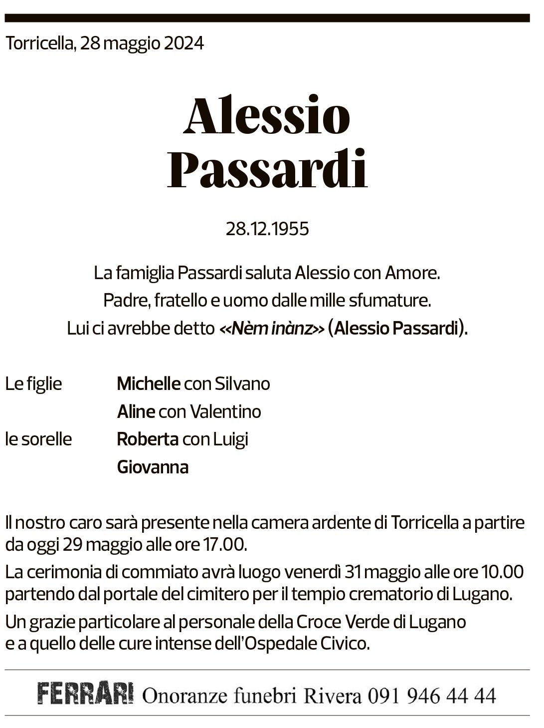 Annuncio funebre Alessio Passardi