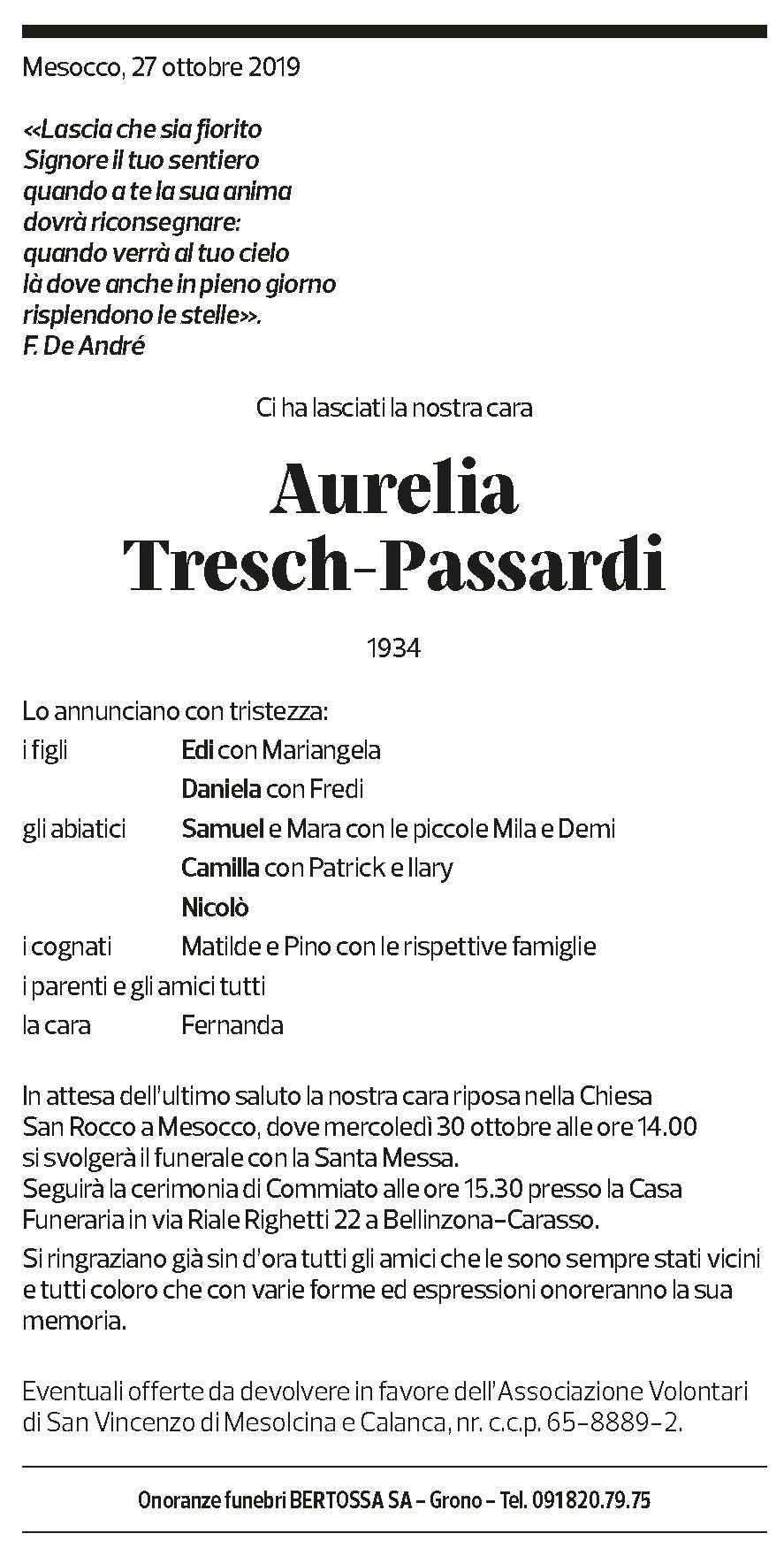Annuncio funebre Aurelia Tresch-passardi
