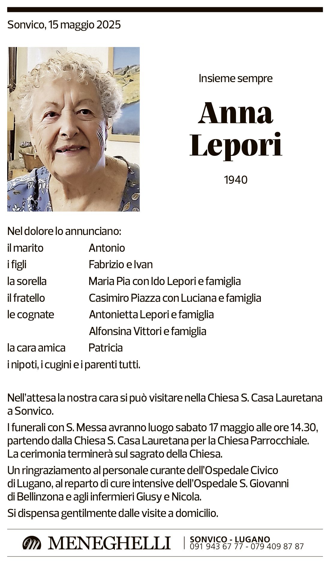 Annuncio funebre Anna Lepori
