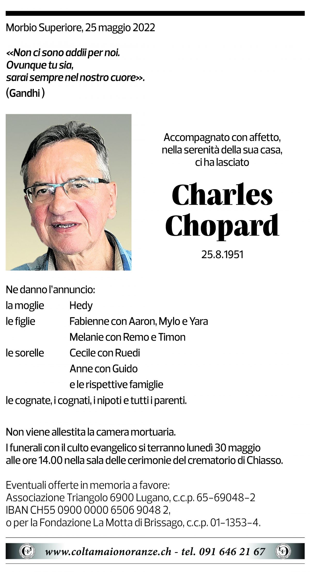 Annuncio funebre Charles Chopard