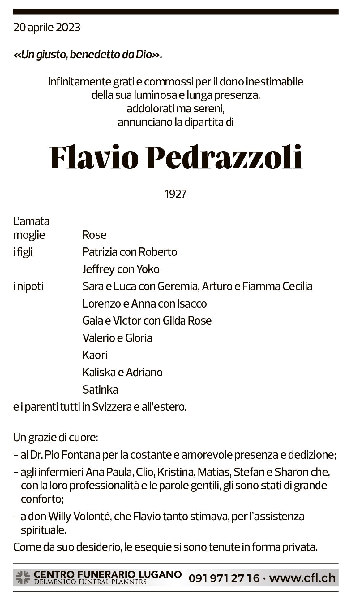 Annuncio funebre Flavio Pedrazzoli