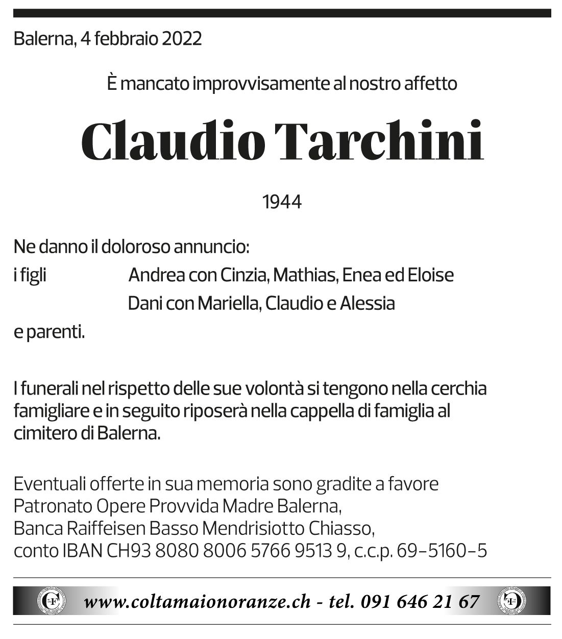 Annuncio funebre Claudio Tarchini