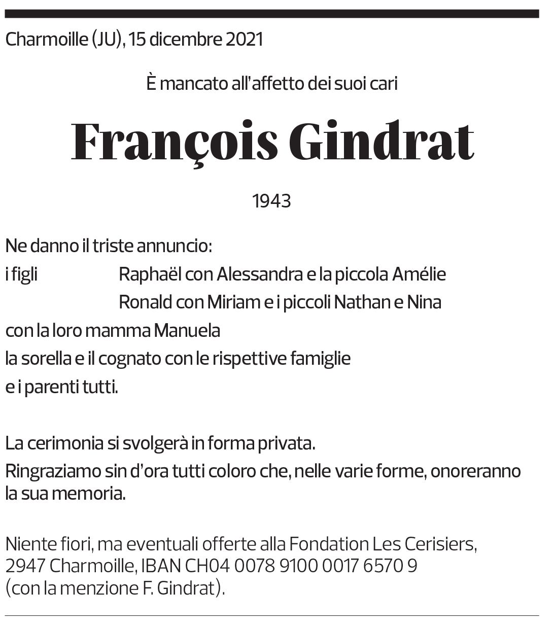 Annuncio funebre François Gindrat