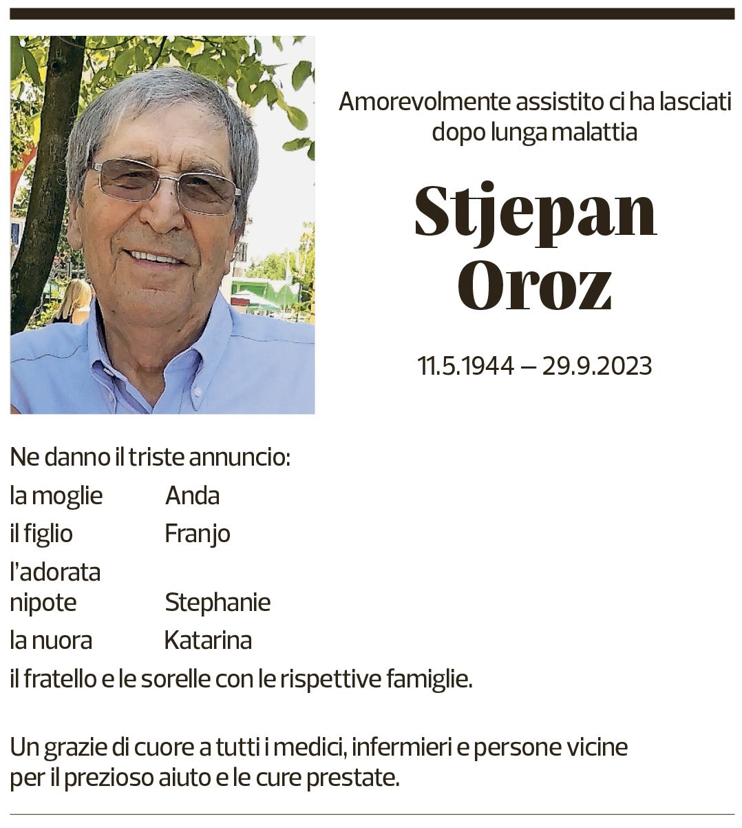 Annuncio funebre Stjepan Oroz