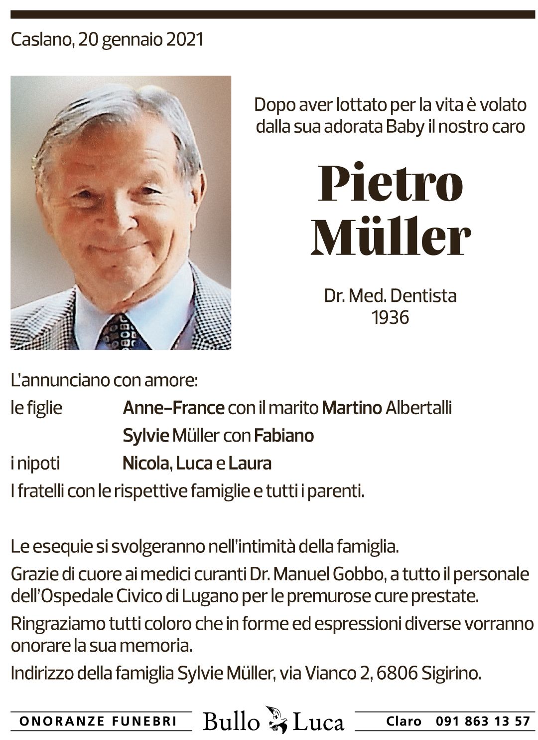 Annuncio funebre Pietro Müller