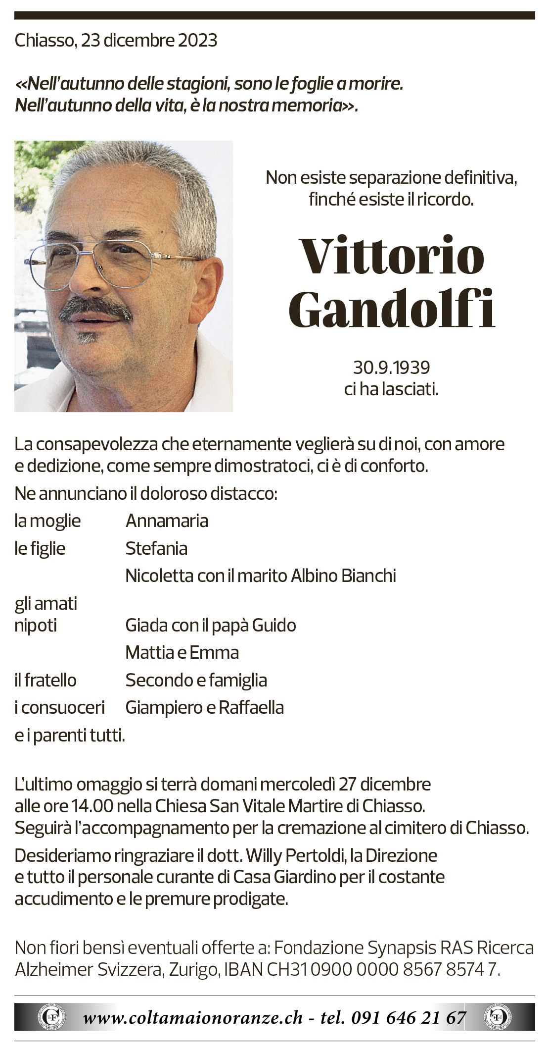 Annuncio funebre Vittorio Gandolfi