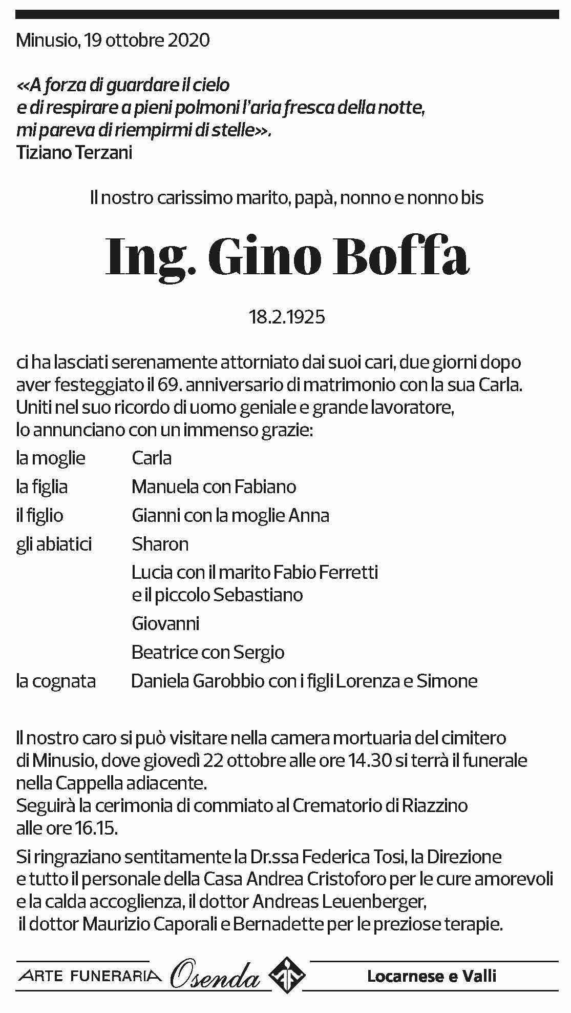 Annuncio funebre Gino Boffa