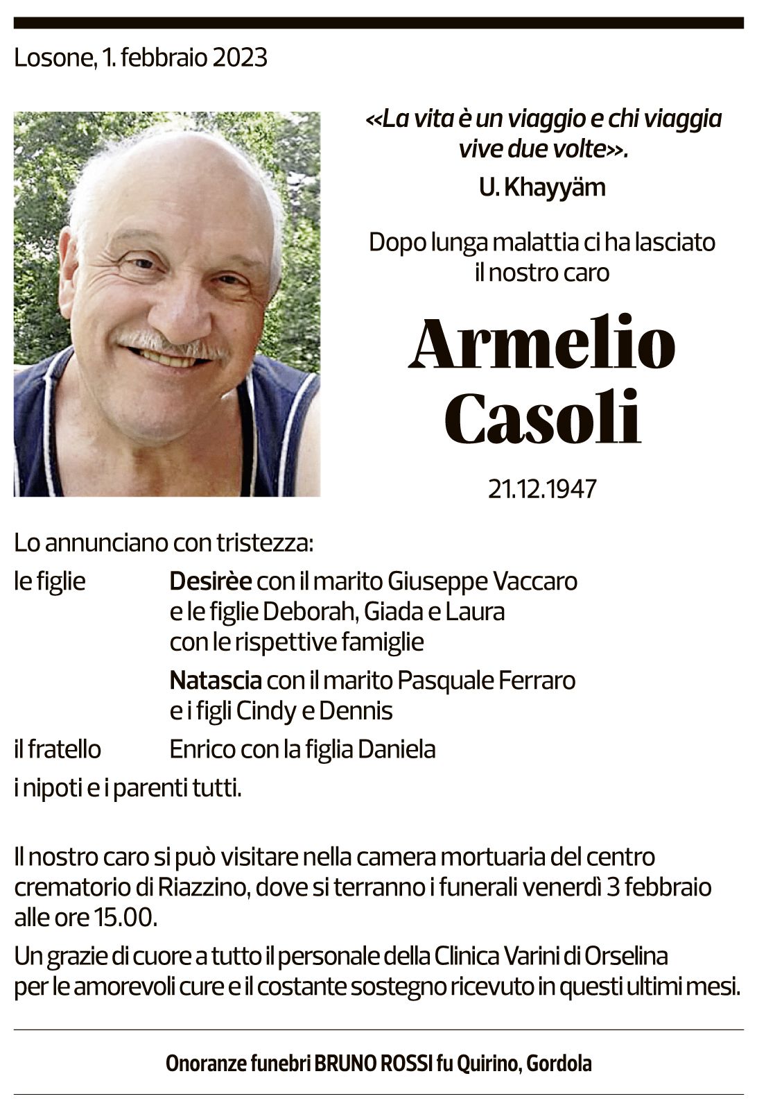 Annuncio funebre Armelio Casoli