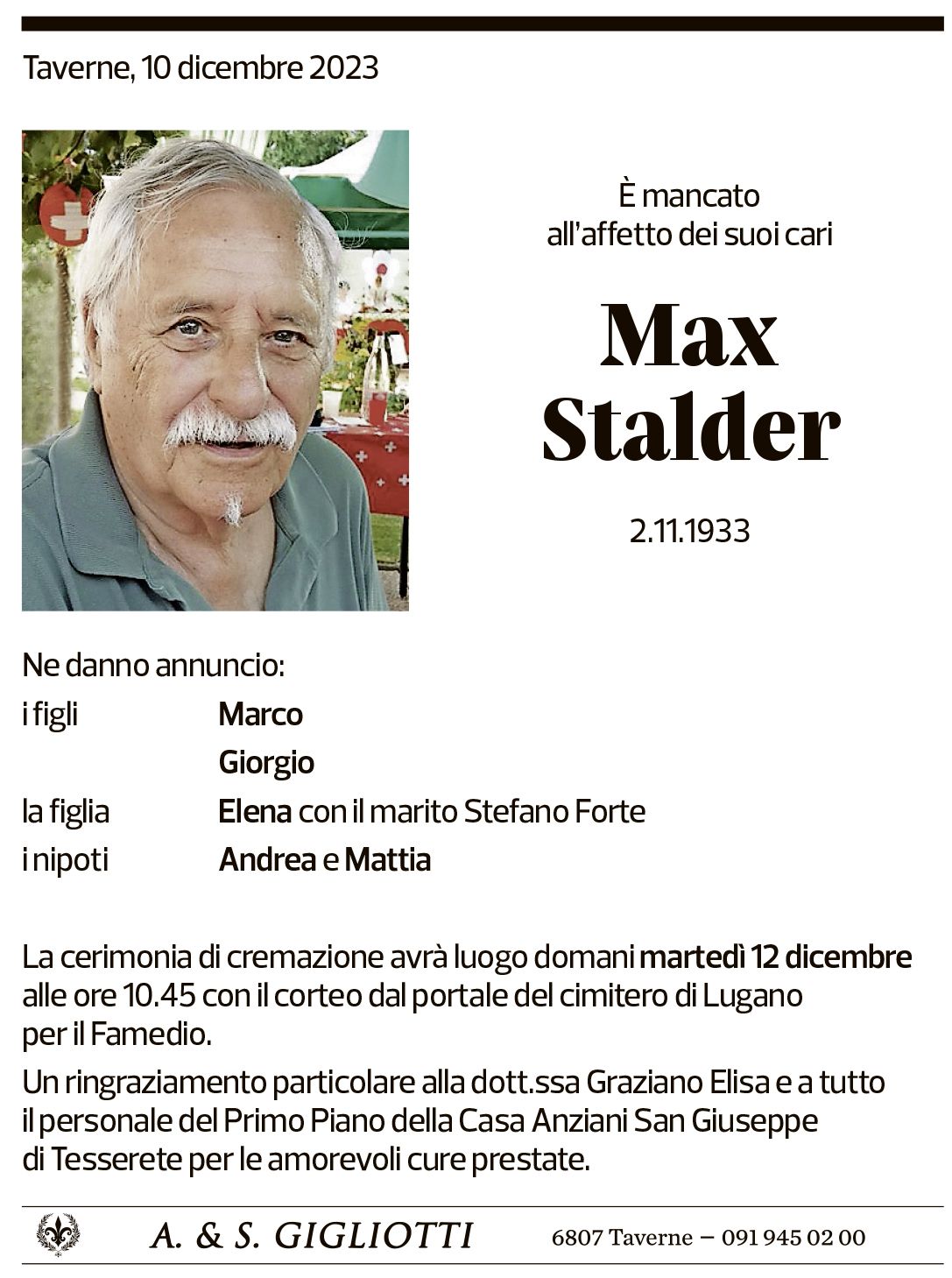 Annuncio funebre Max Stalder