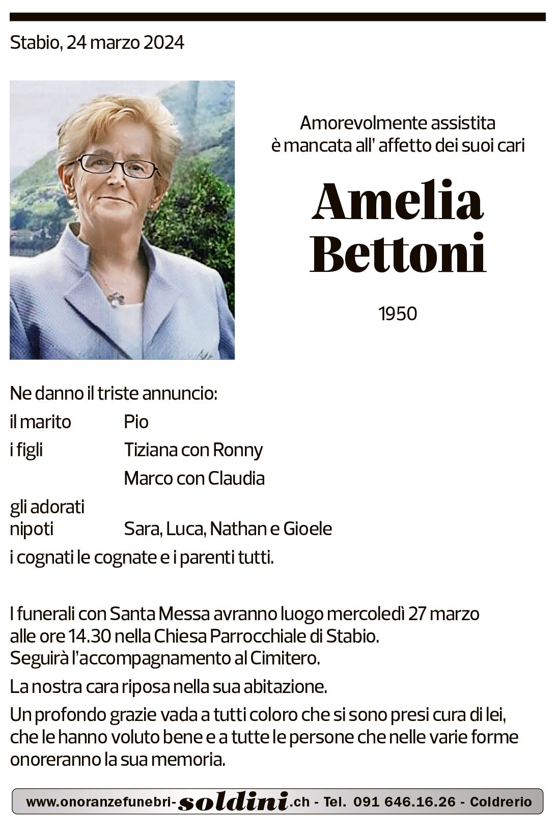 Annuncio funebre Amelia Bettoni