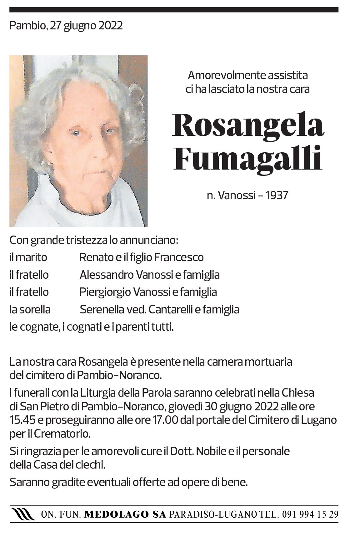 Annuncio funebre Rosangela Fumagalli