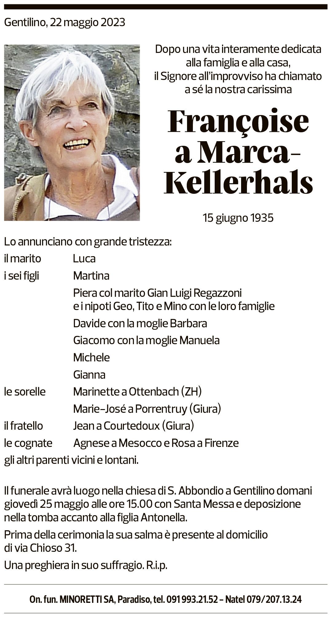 Annuncio funebre Francoise A Marca-kellerhals