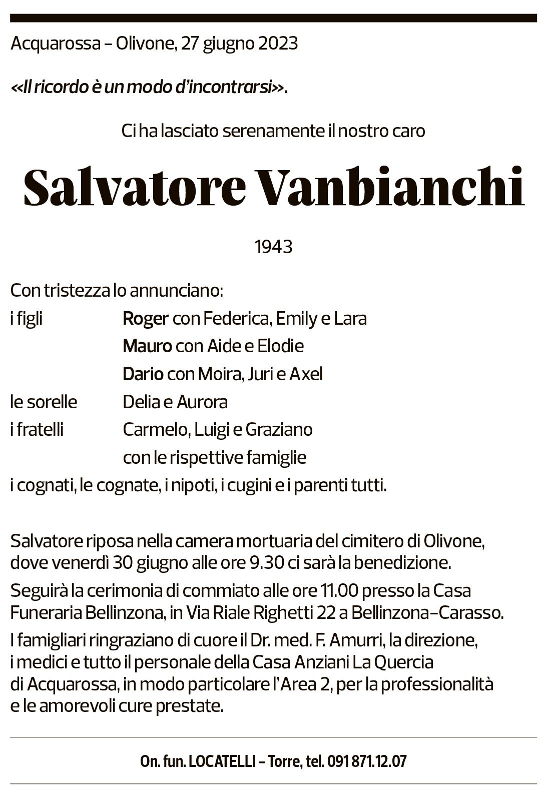 Annuncio funebre Salvatore Vanbianchi