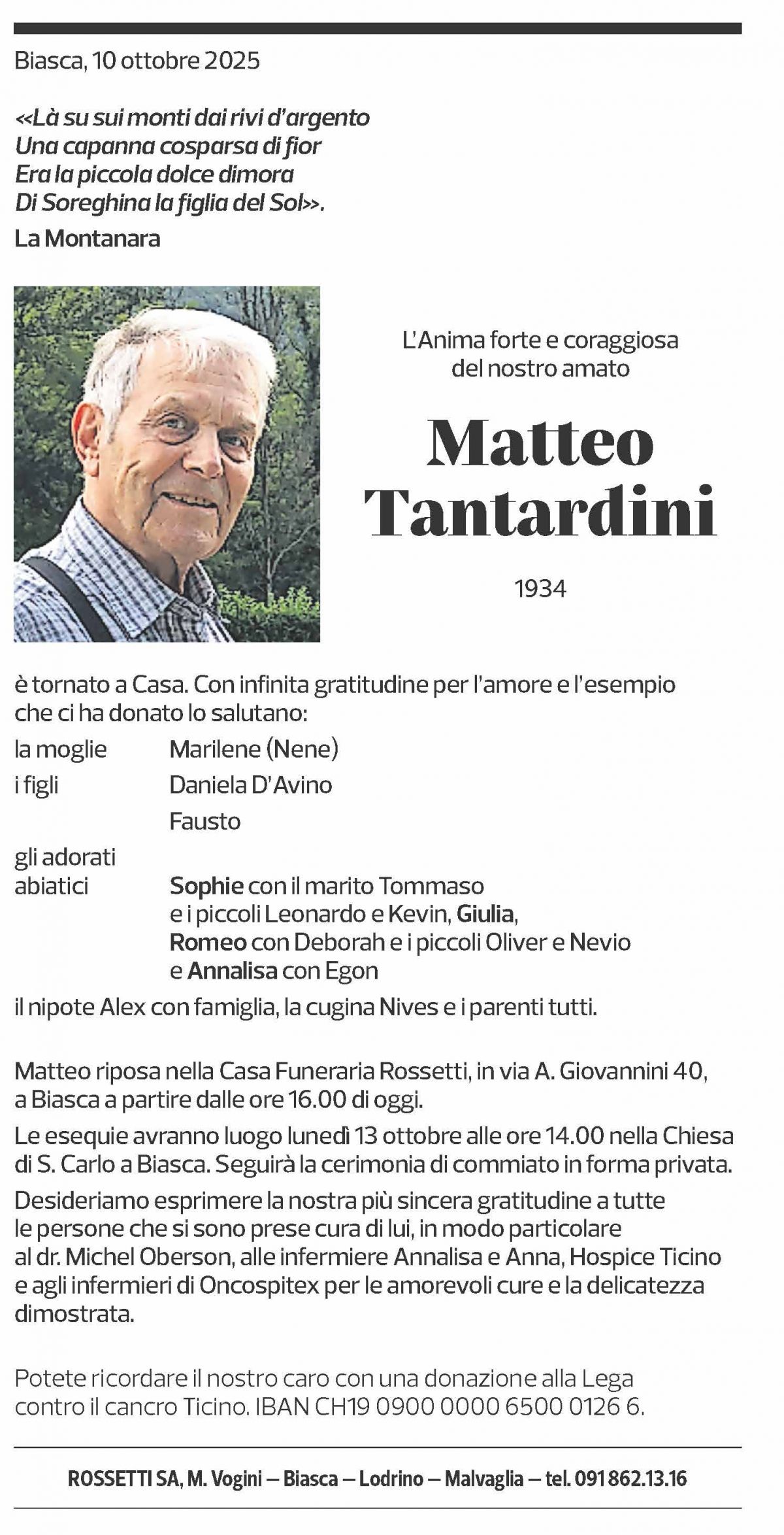 Annuncio funebre Matteo Tantardini