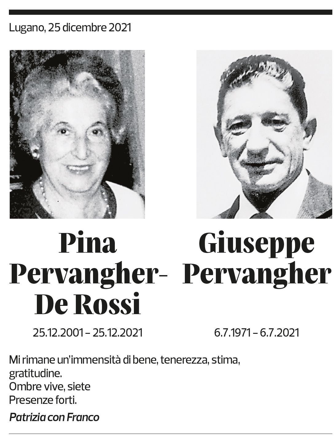 Annuncio funebre Pina Pervangher-de Rossi Giuseppe Pervangher