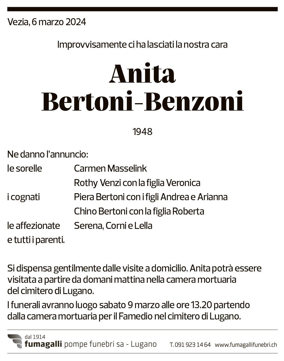 Annuncio funebre Anita Bertoni-benzoni