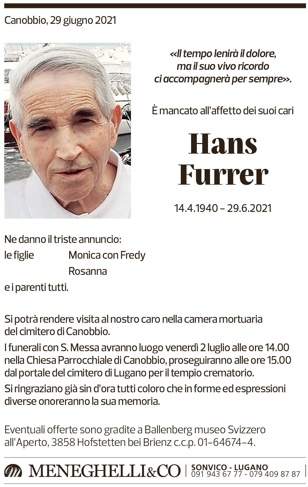 Annuncio funebre Hans Furrer