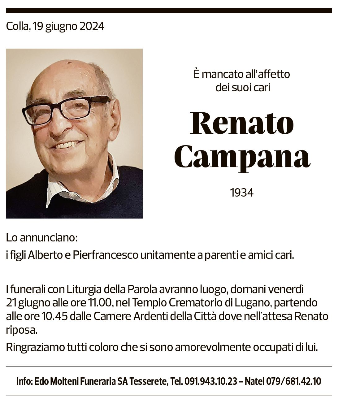 Annuncio funebre Renato Campana