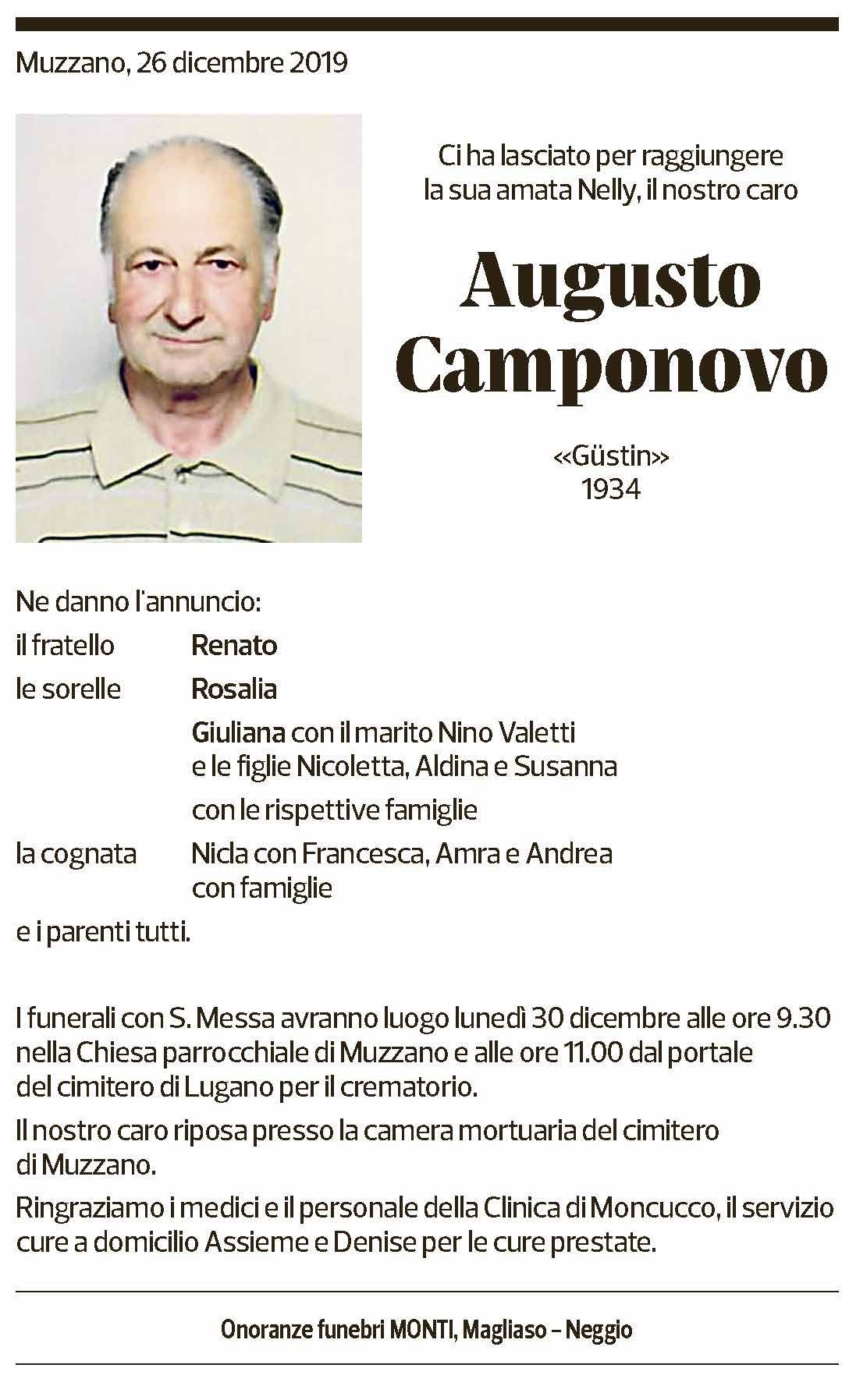 Annuncio funebre Augusto Camponovo