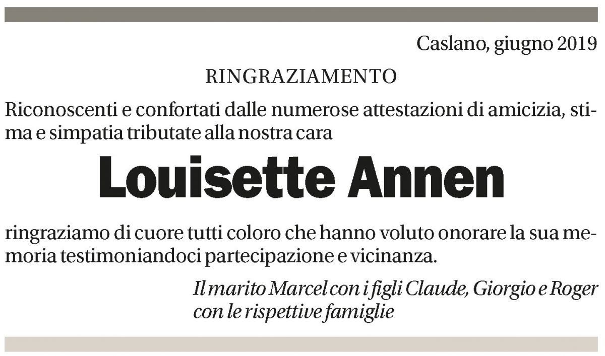 Annuncio funebre Louisette Annen