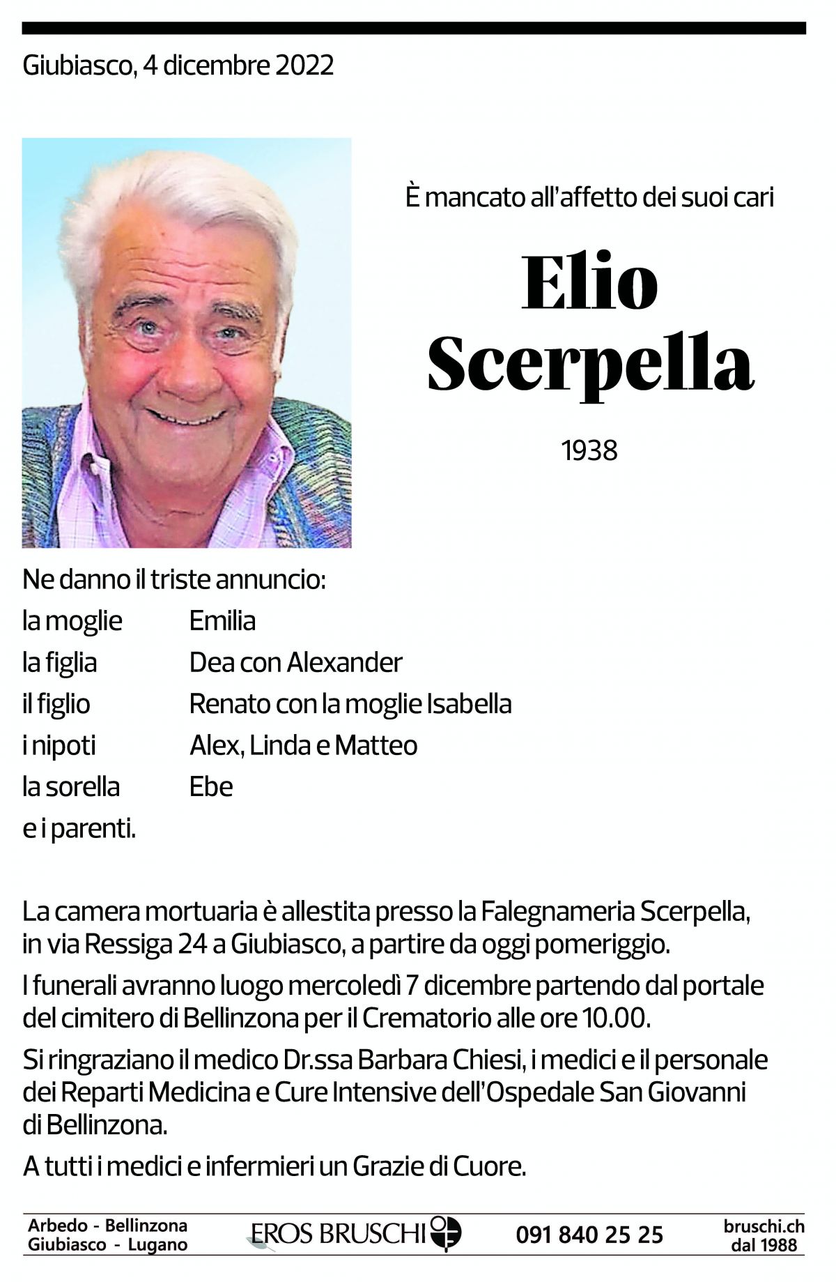 Annuncio funebre Elio Scerpella