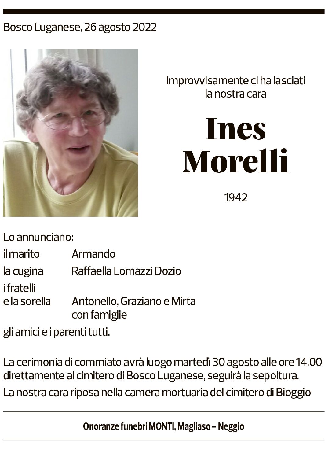 Annuncio funebre Ines Morelli