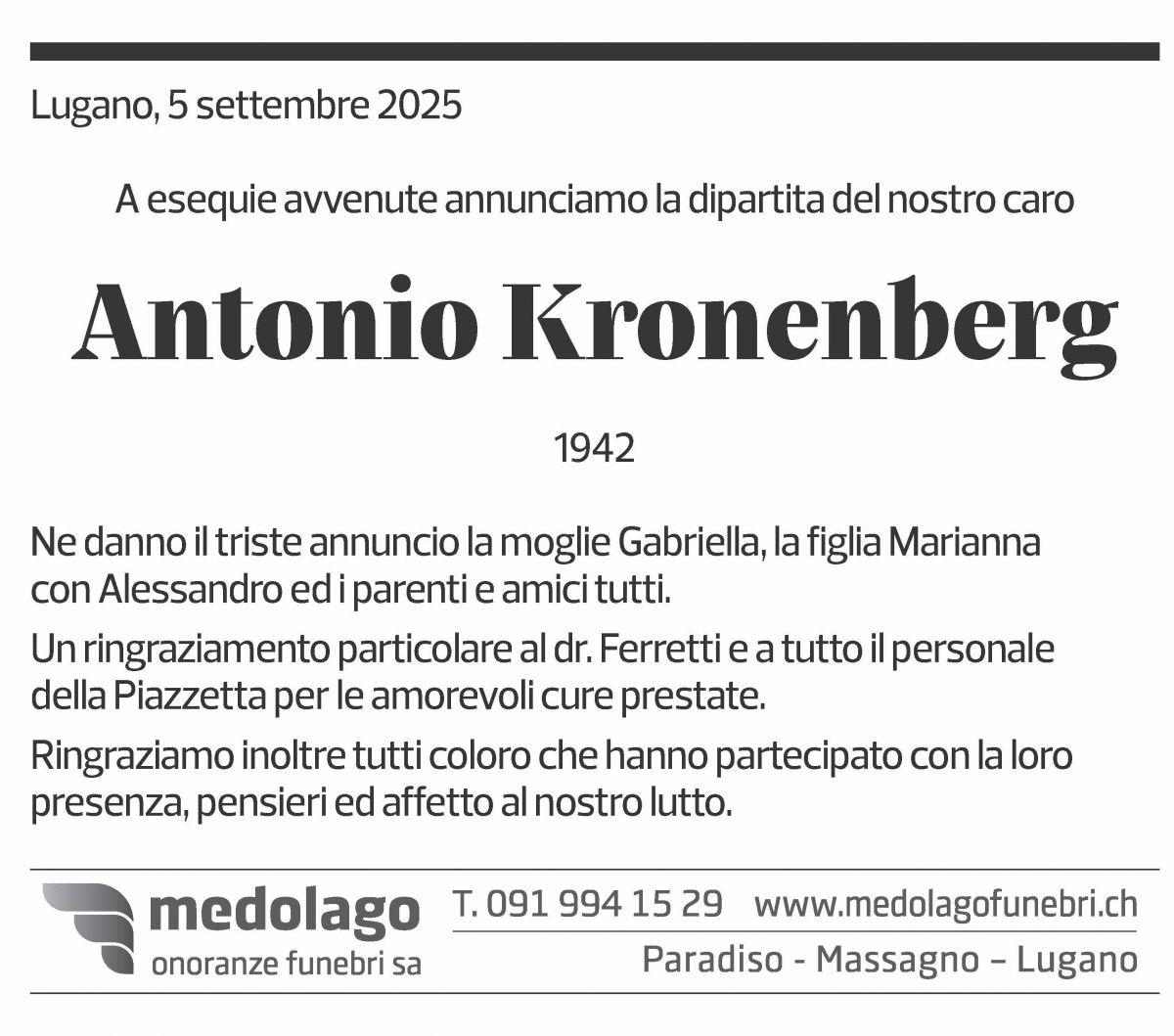 Annuncio funebre Antonio Kronenberg