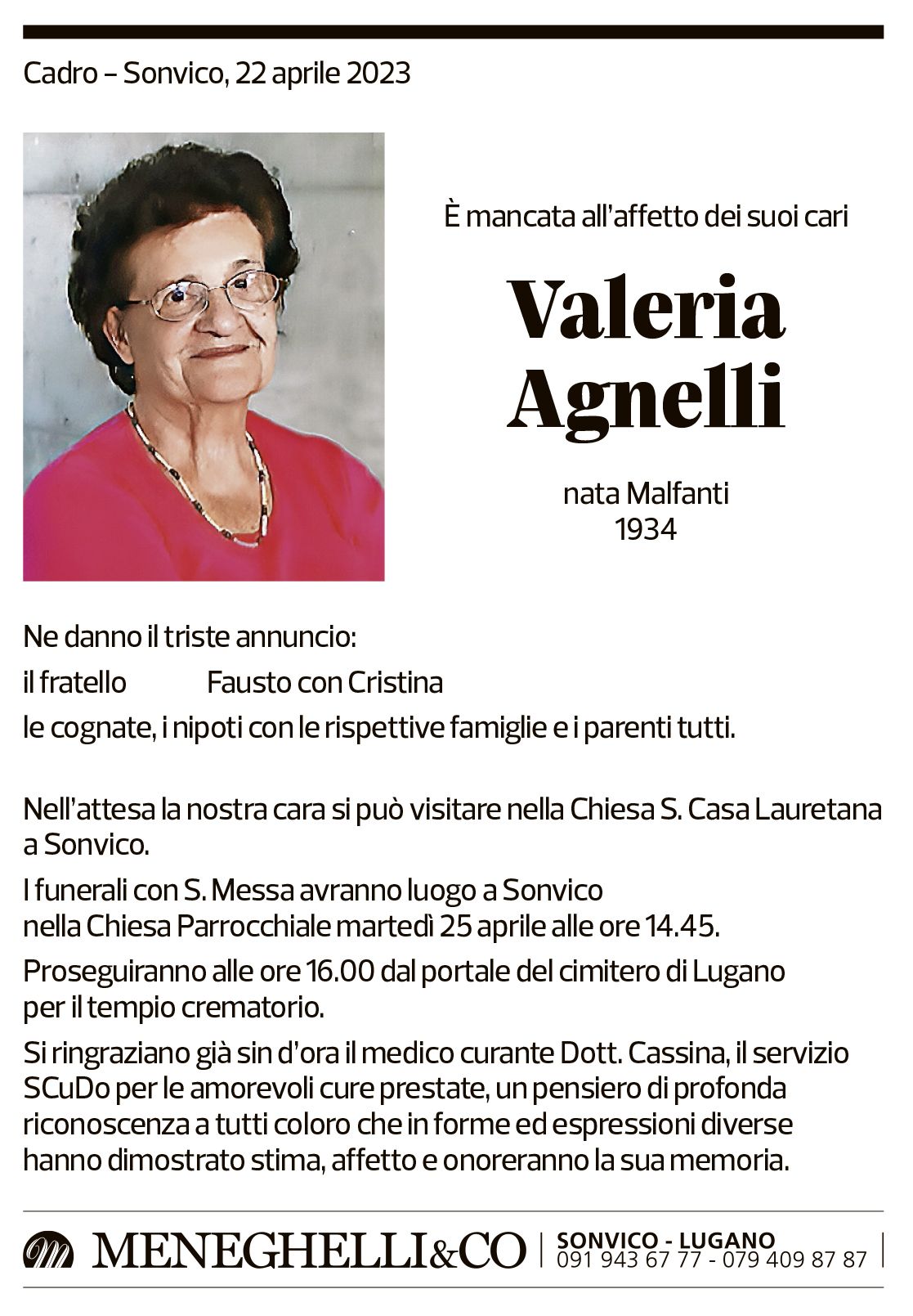 Annuncio funebre Valeria Agnelli