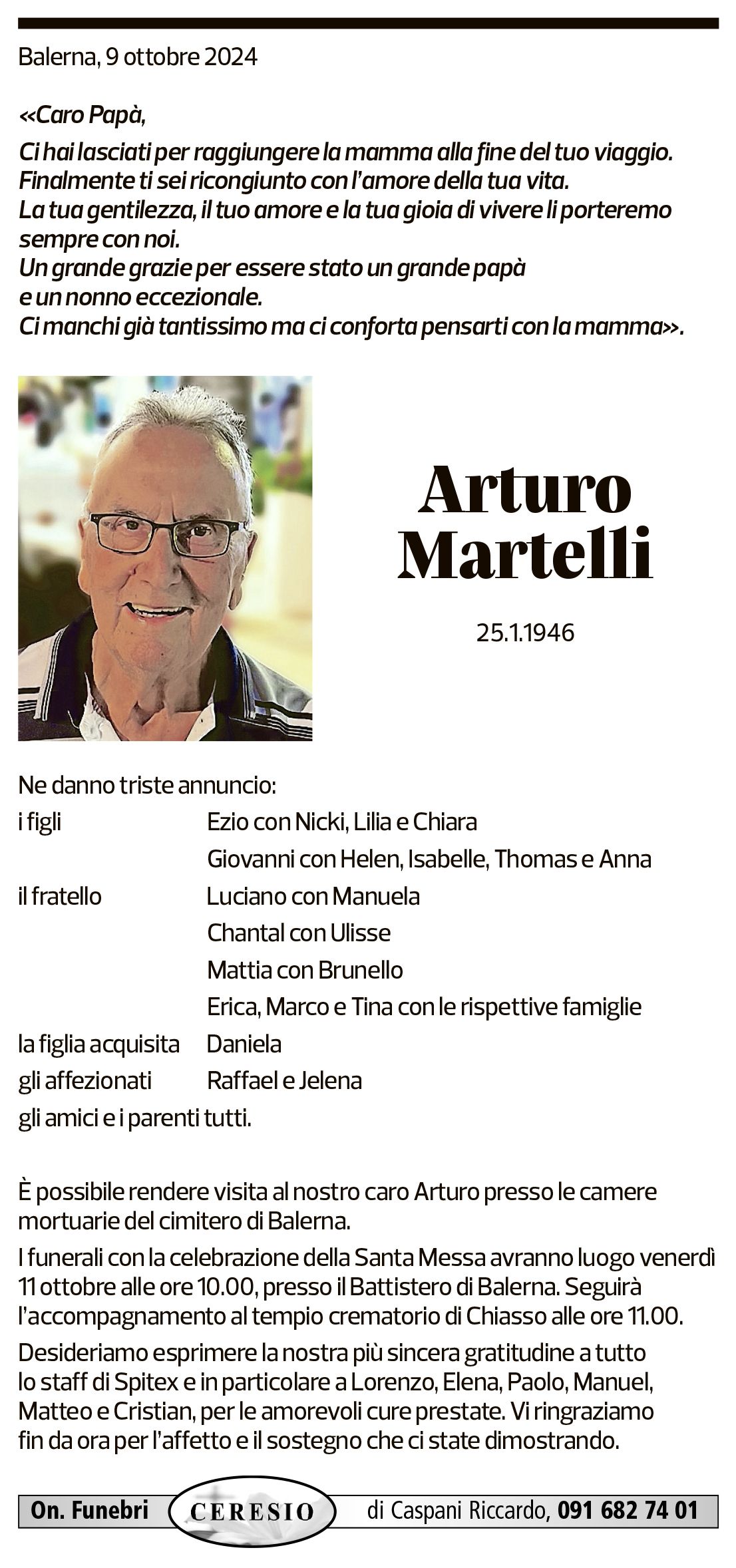 Annuncio funebre Arturo Martelli