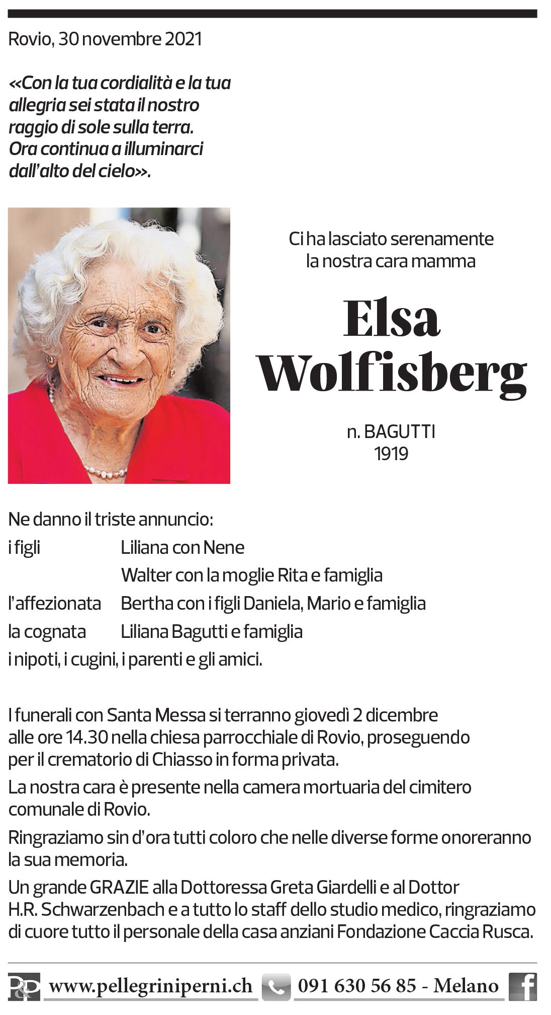 Annuncio funebre Elsa Wolfisberg