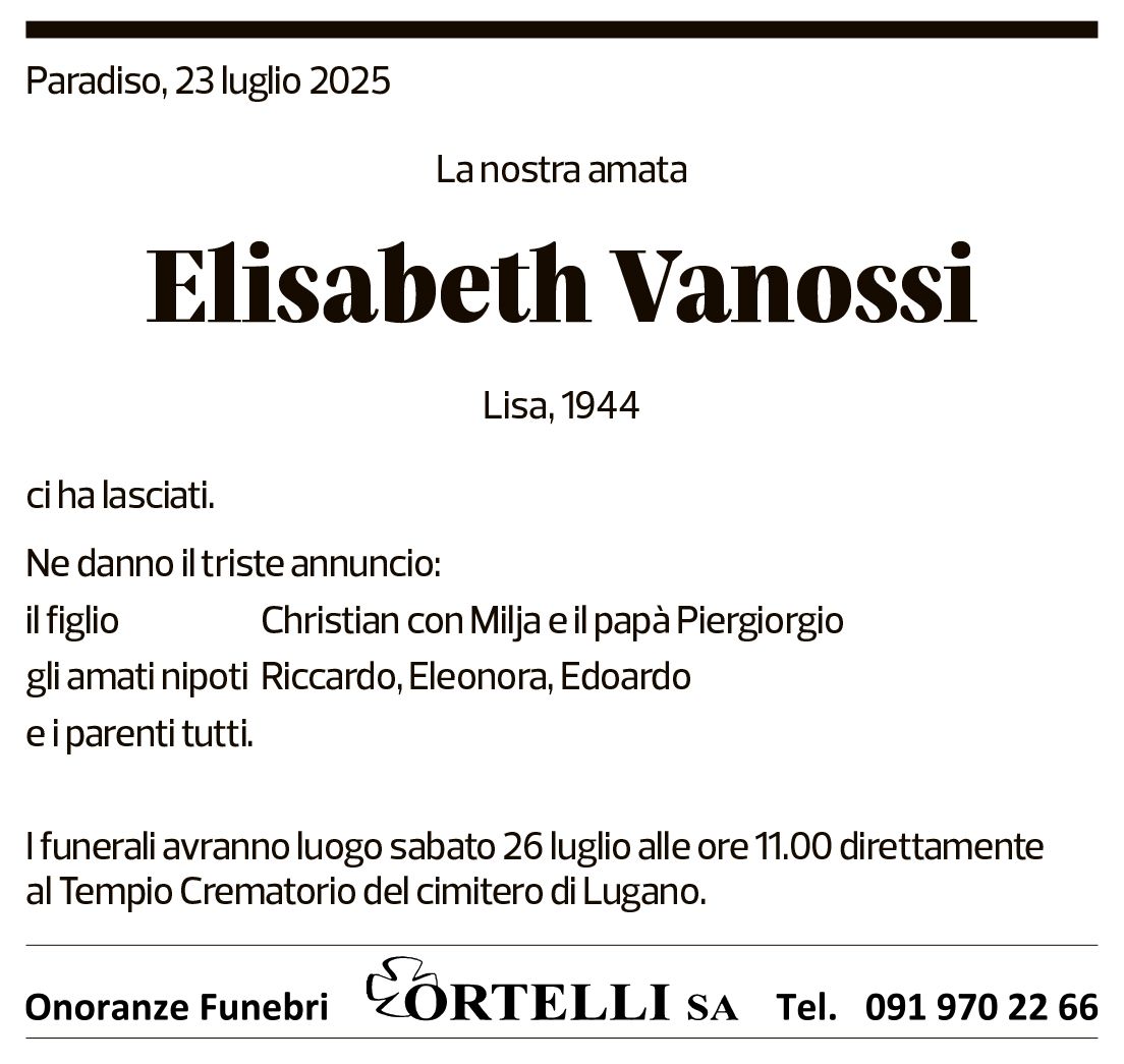 Annuncio funebre Elisabeth Vanossi