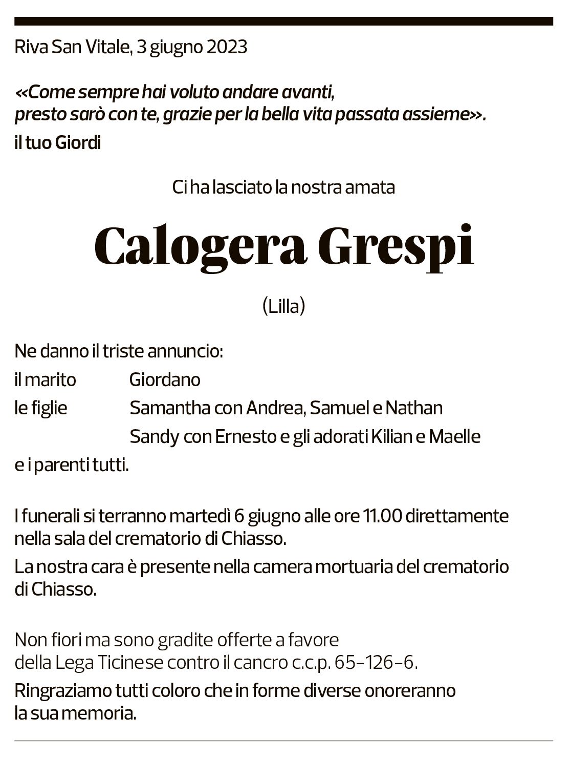 Annuncio funebre Calogera Grespi