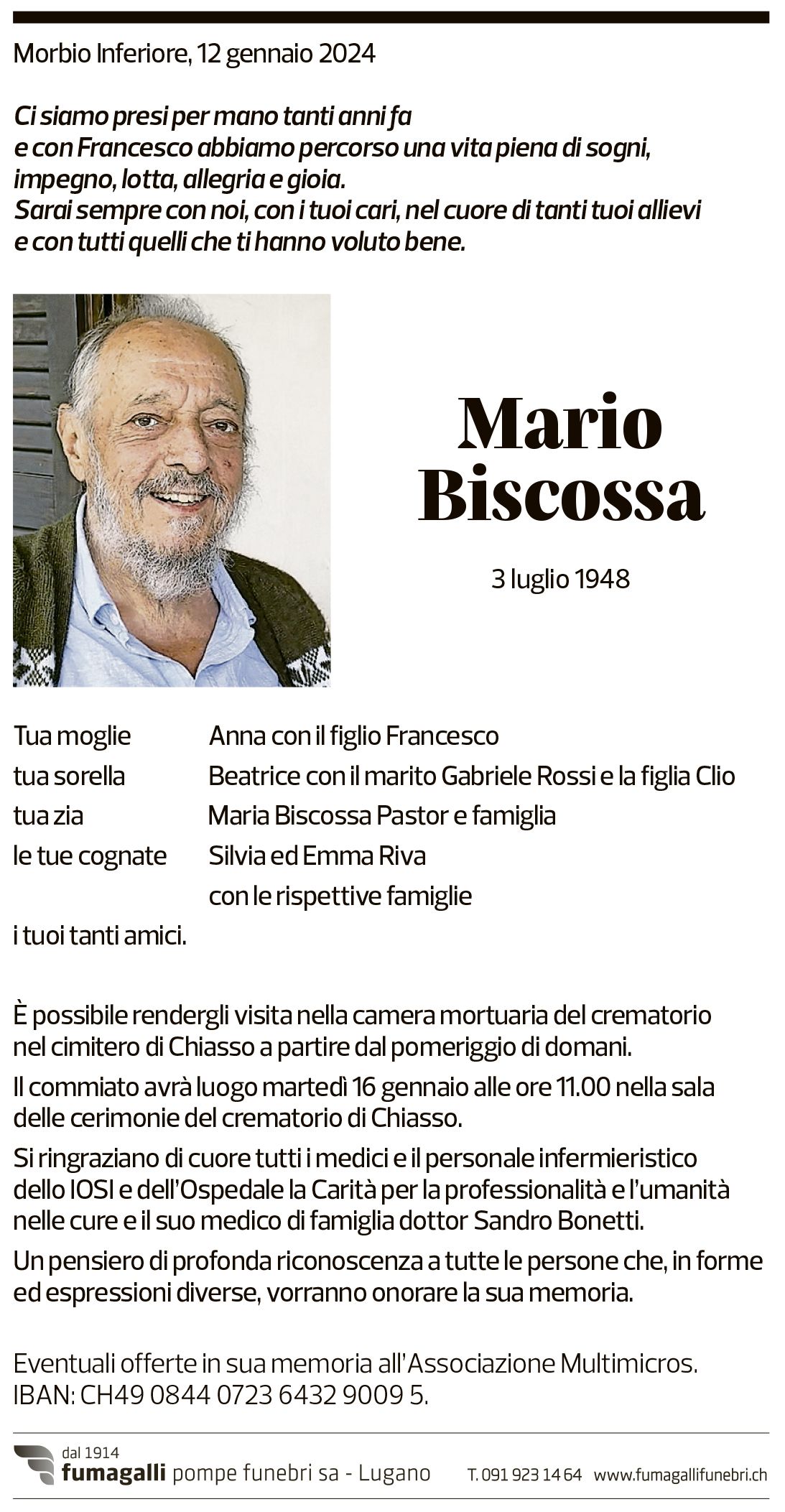 Annuncio funebre Mario Biscossa