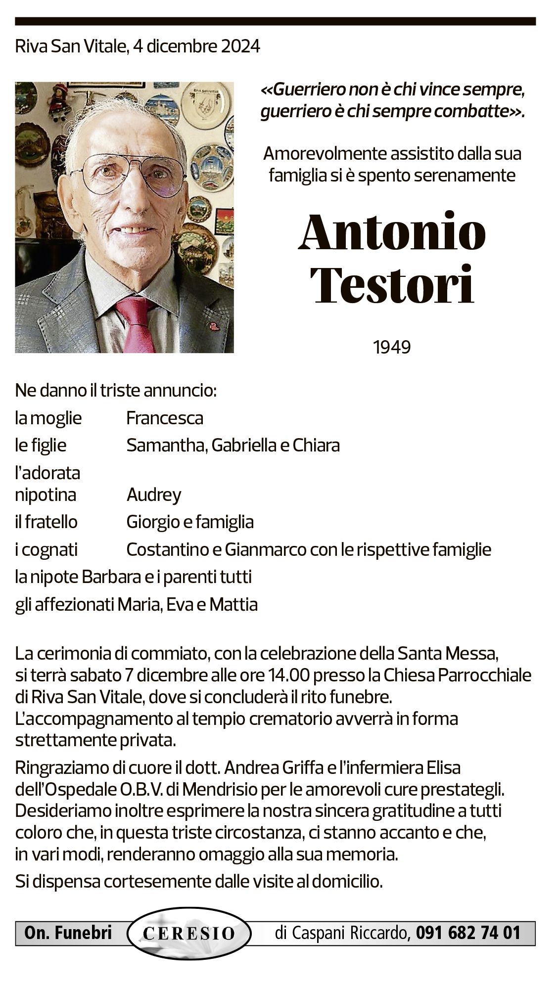 Annuncio funebre Antonio Testori