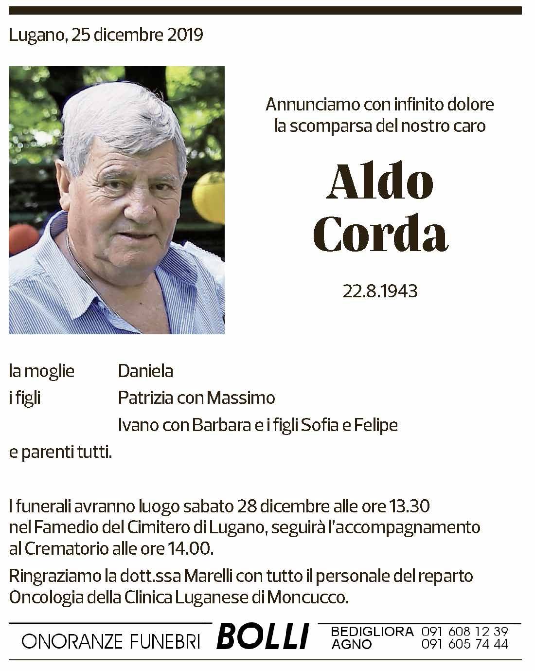 Annuncio funebre Aldo Corda
