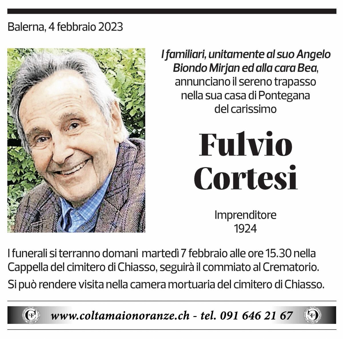 Annuncio funebre Fulvio Cortesi