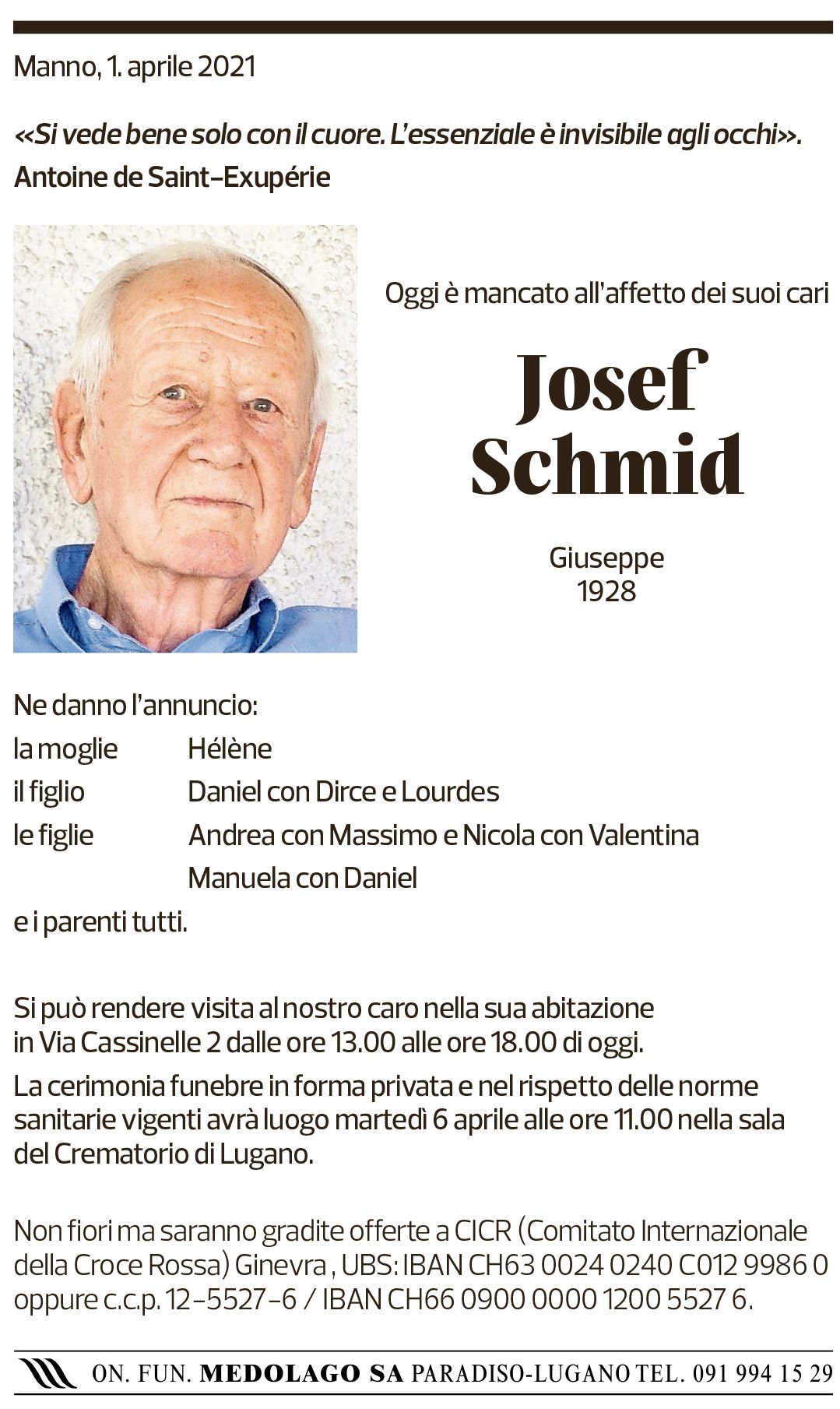 Annuncio funebre Josef Schmid