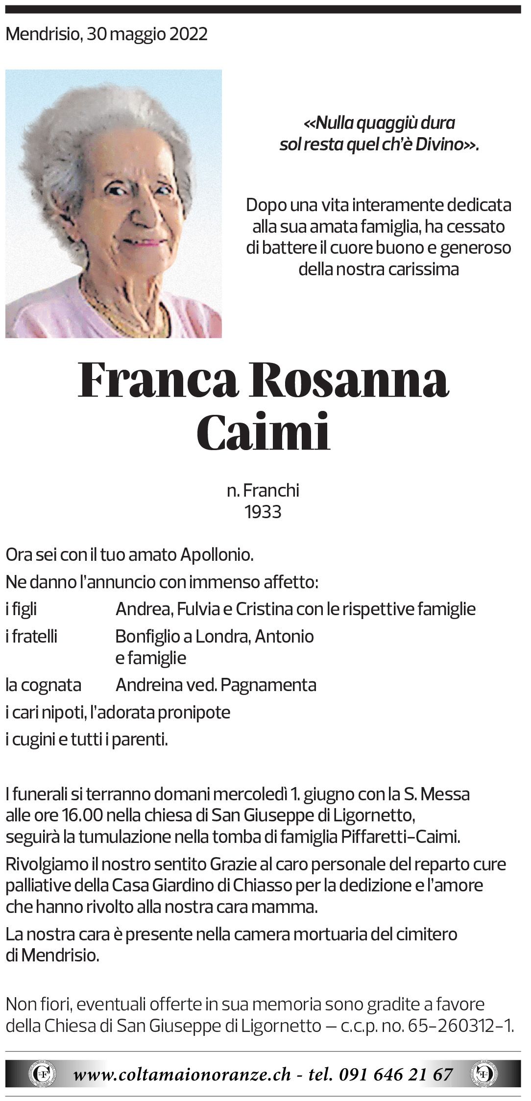 Annuncio funebre Franca Rosanna Caimi