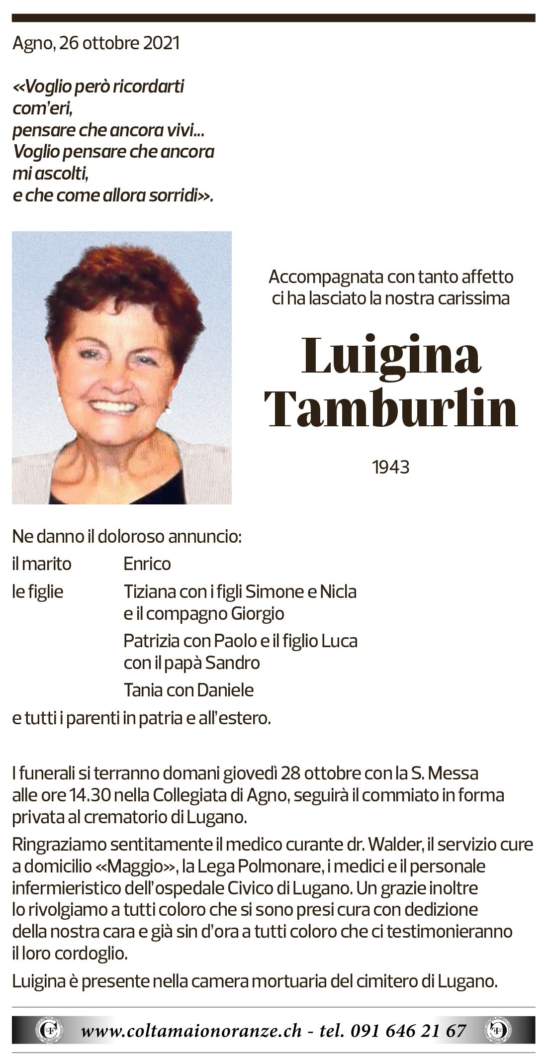 Annuncio funebre Luigina Tamburlin