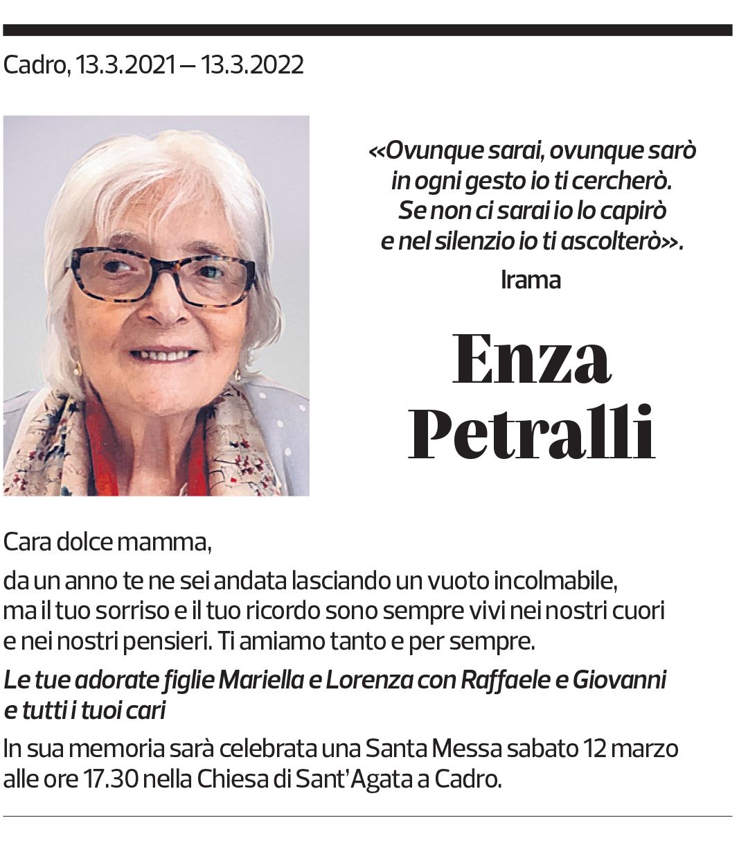 Annuncio funebre Enza Petralli