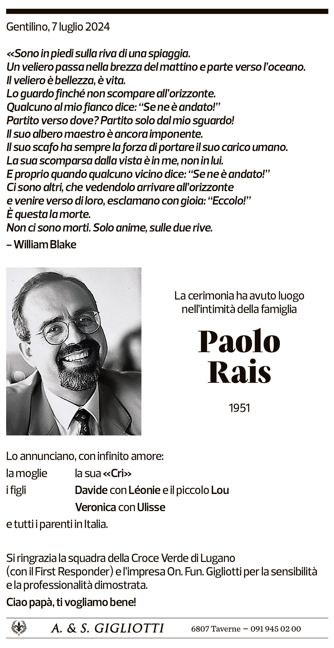 Annuncio funebre Paolo Rais