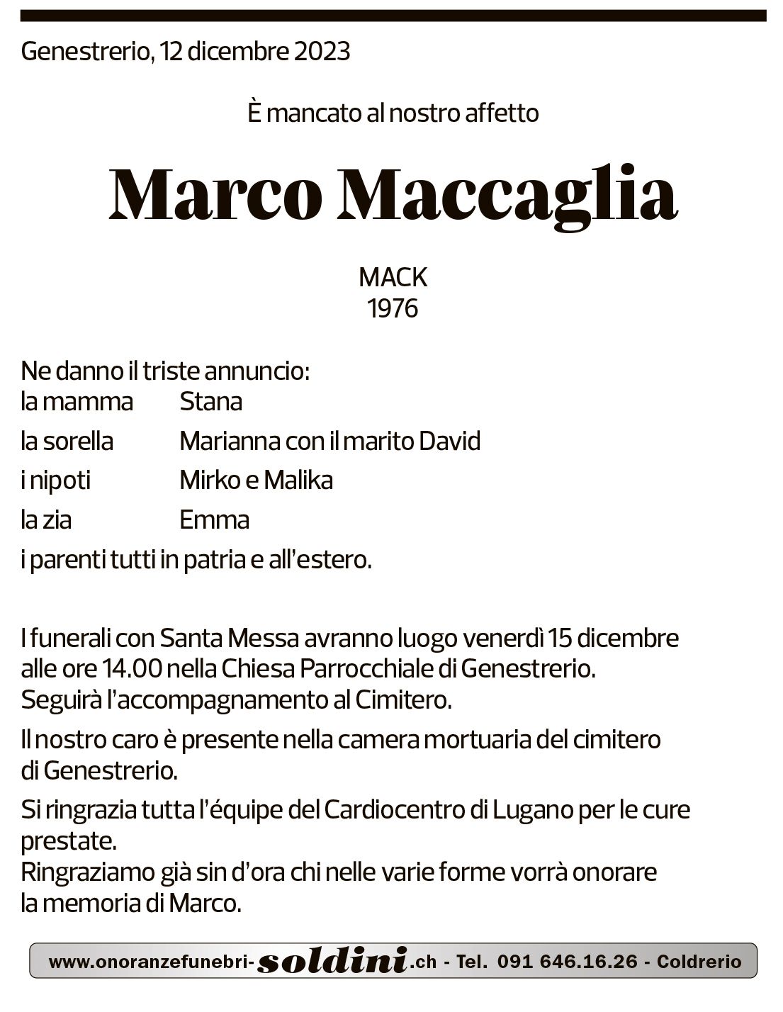 Annuncio funebre Marco Maccaglia