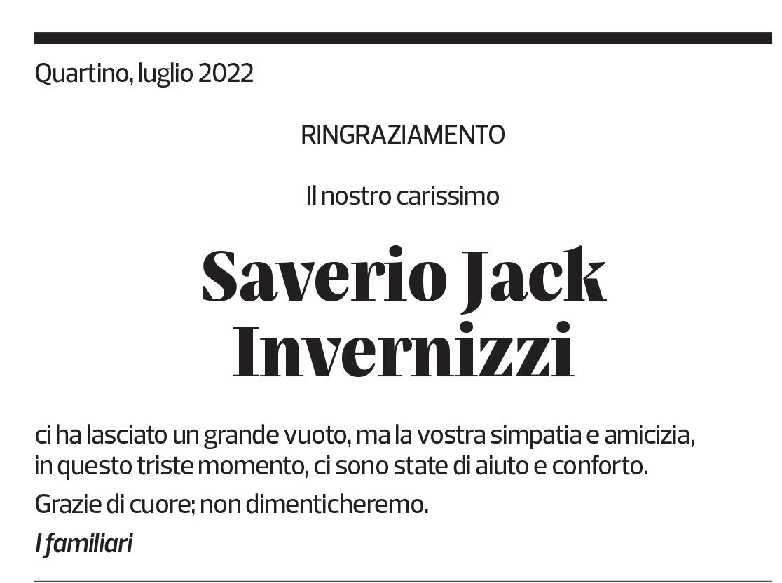 Annuncio funebre Saverio Jack Invernizzi