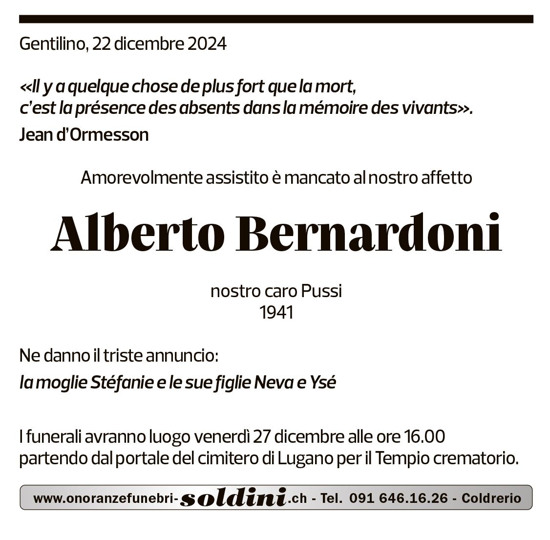 Annuncio funebre Alberto Pussi Bernardoni