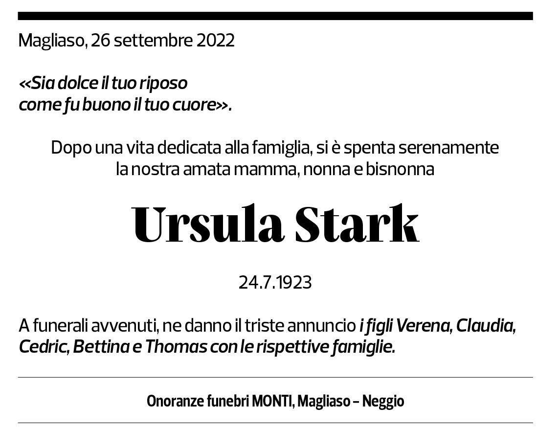 Annuncio funebre Ursula Stark