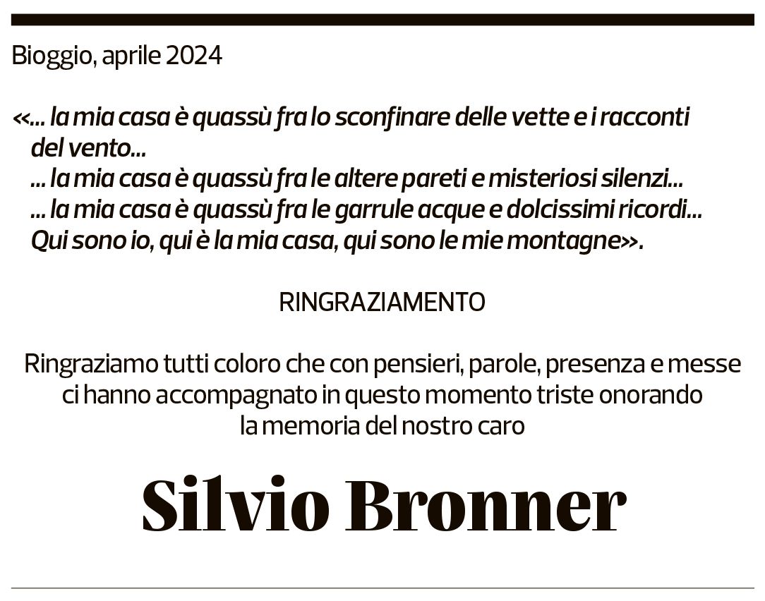 Annuncio funebre Silvio Bronner