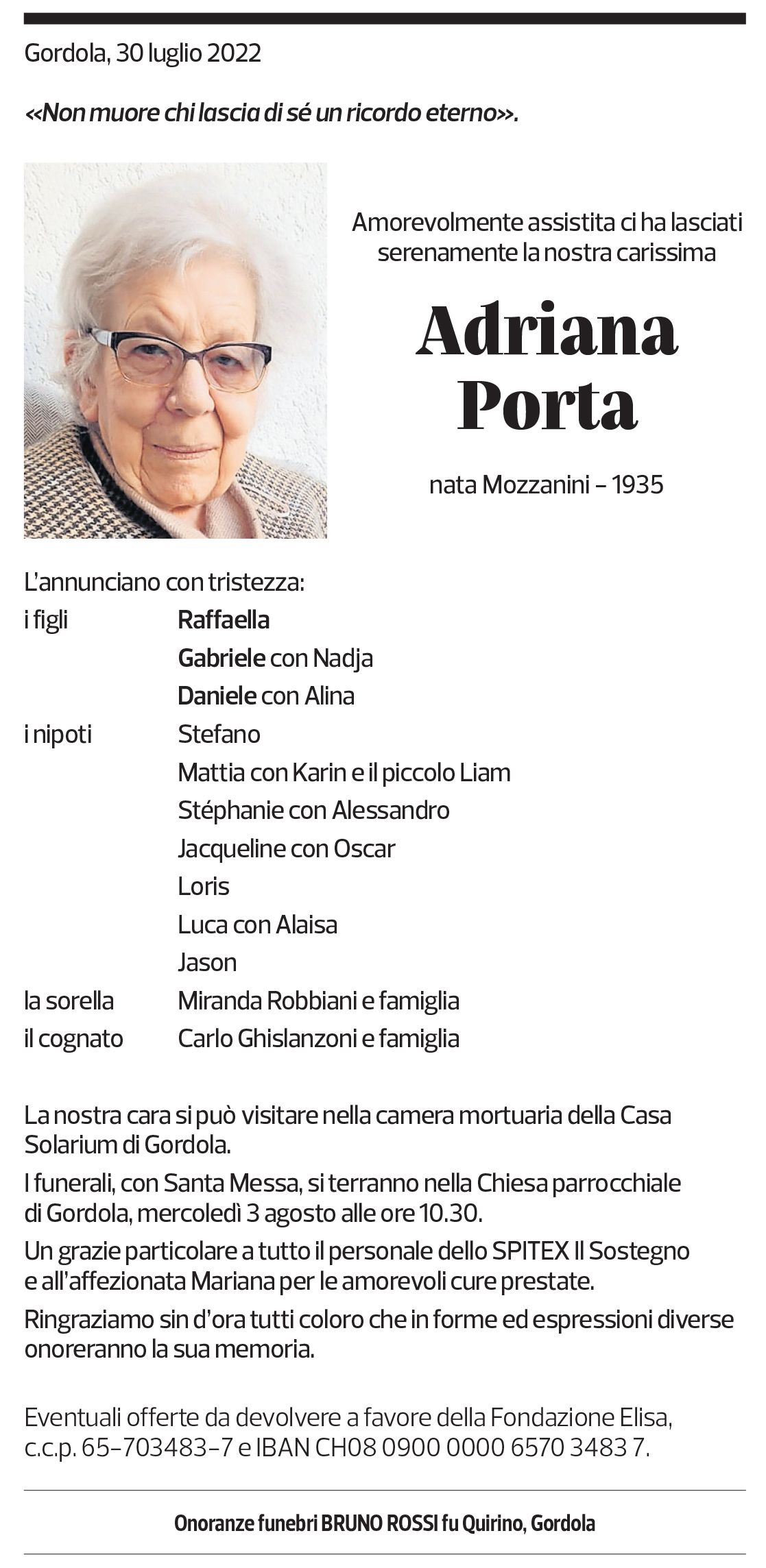 Annuncio funebre Adriana Porta